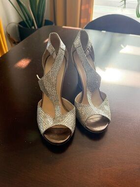 Jimmy Choo Silver Glitter Open-Toe Heels